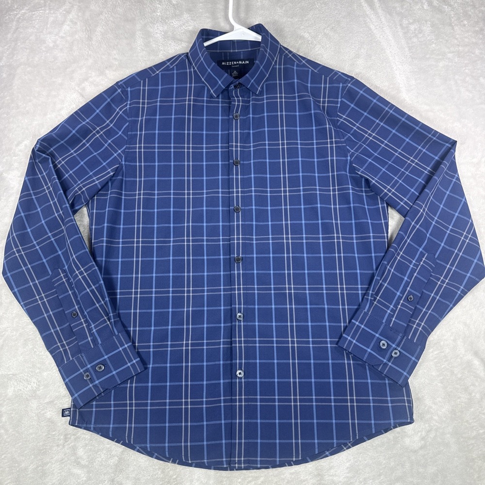 Mizzen+Main Shirt Mens Medium Blue Plaid Leeward Trim No Tuck Wrinkle Resistant